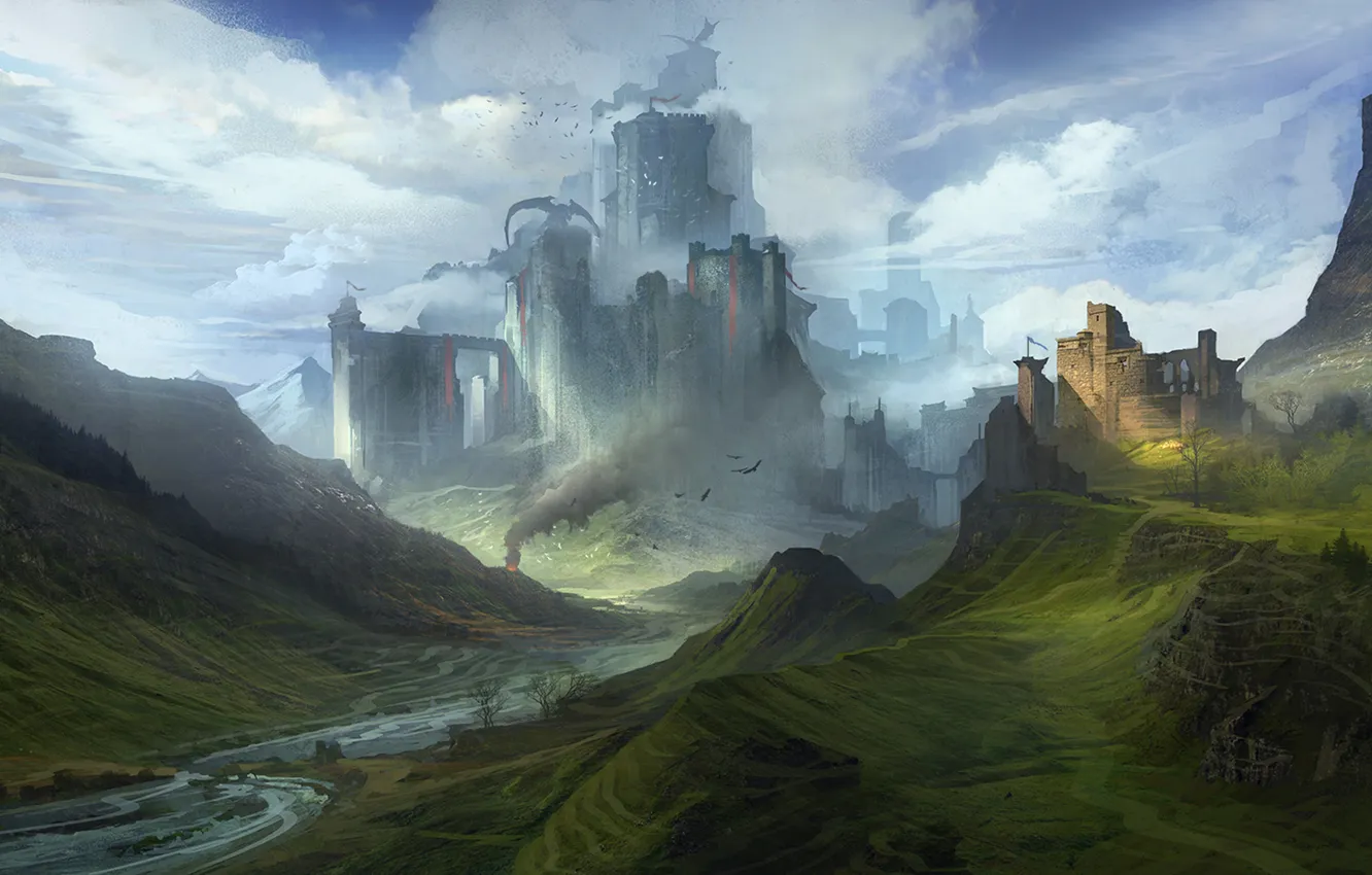 Photo wallpaper the sky, clouds, landscape, mountains, river, castle, fantasy, dragon