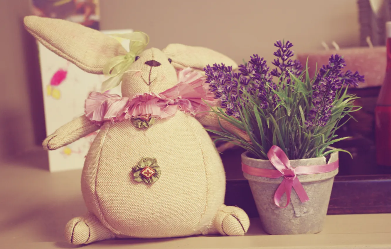 Photo wallpaper flowers, toy, hare, pot, bow