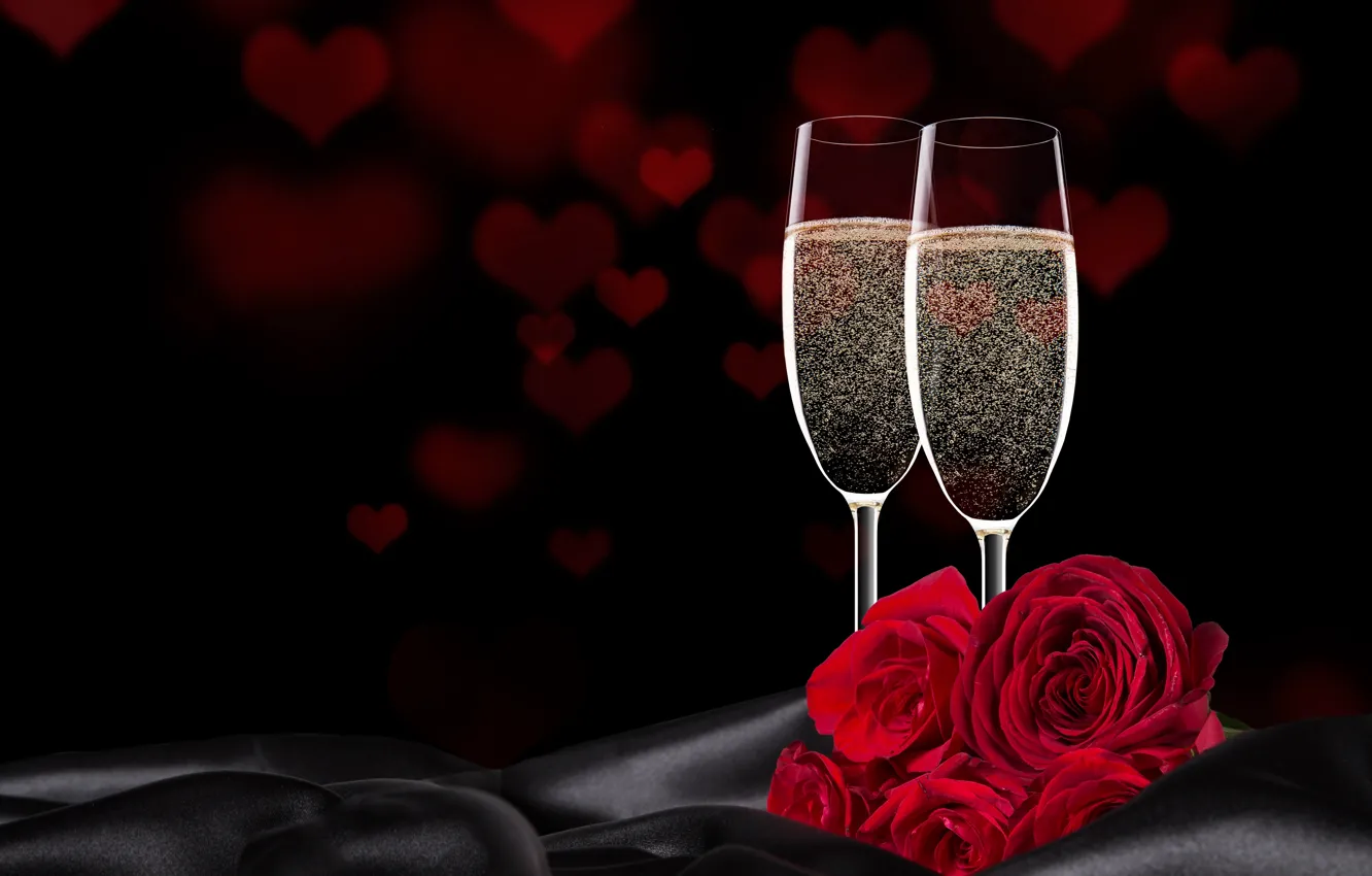 Photo wallpaper flowers, roses, glasses, hearts, red, black background, champagne