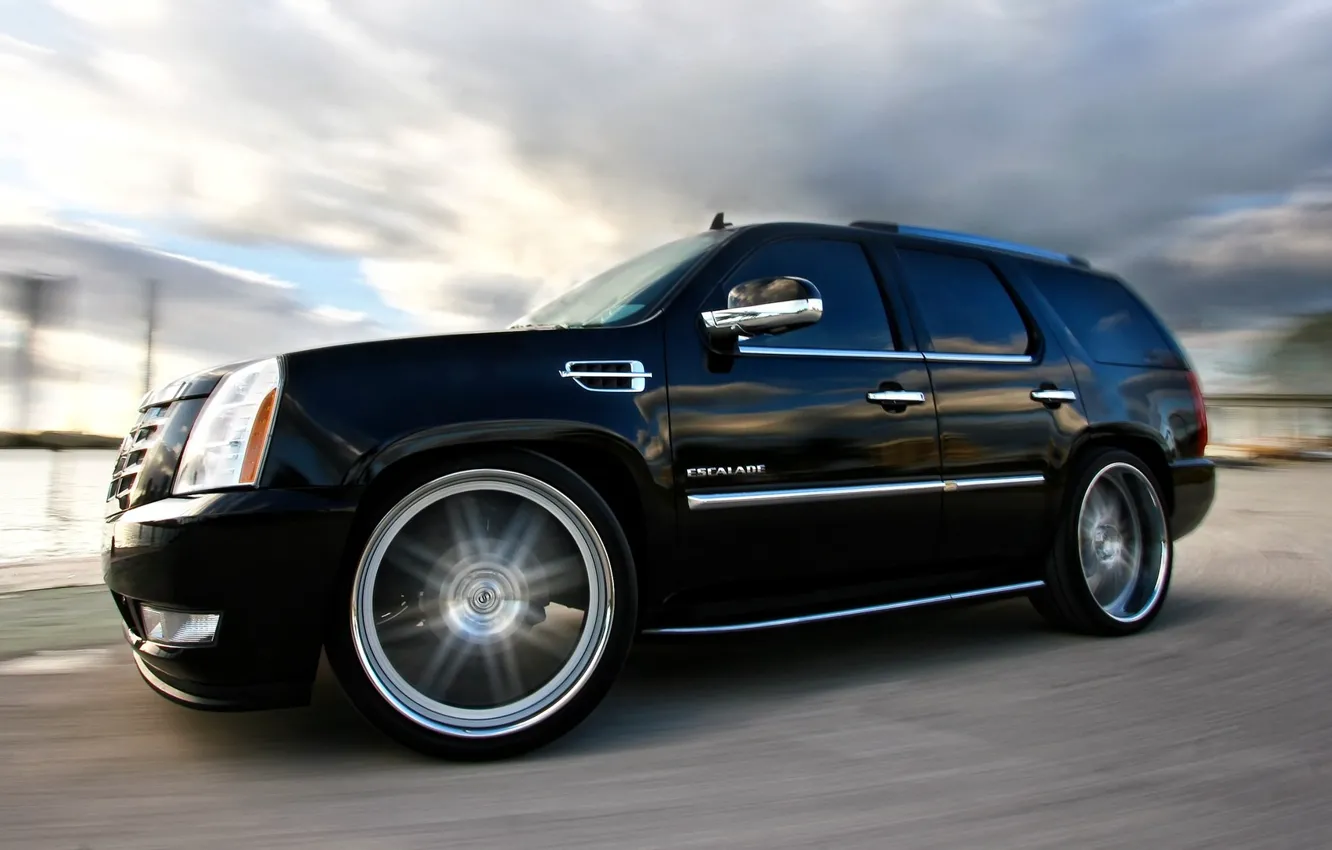 Photo wallpaper Cadillac, Black, Wheel, Machine, Tuning, Speed, Turn, Car
