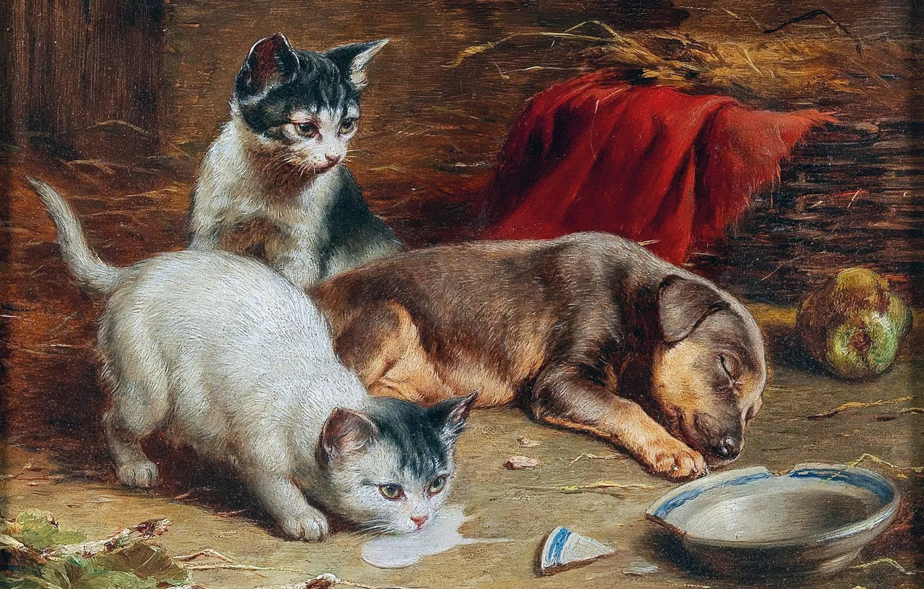 Photo wallpaper Dog, Kittens, Picture, Puppy, Three, Carl Reichert, Carl Reichert, Austrian painter