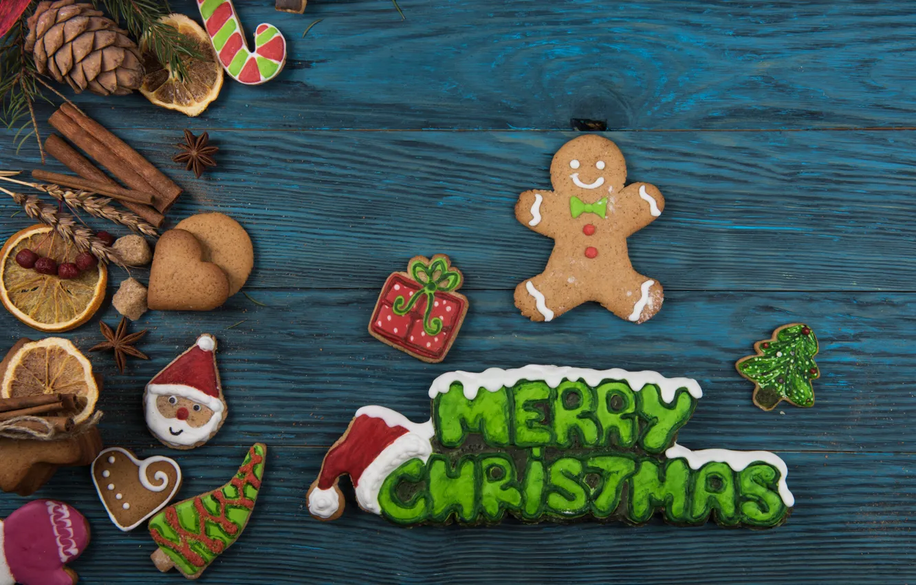 Photo wallpaper new year, cookies, Christmas, wood, merry christmas, cookies, decoration, gingerbread