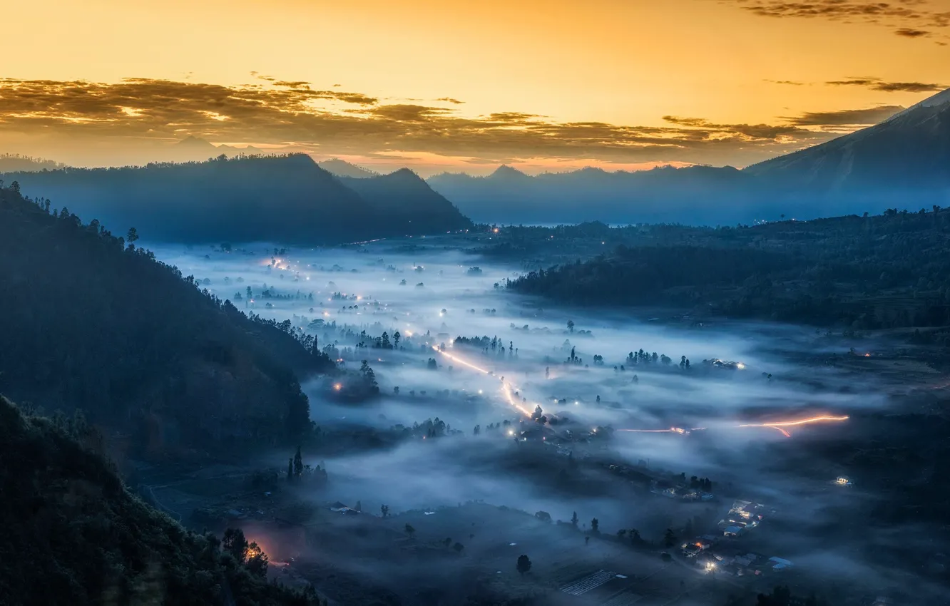 Photo wallpaper light, mountains, fog, valley, forest