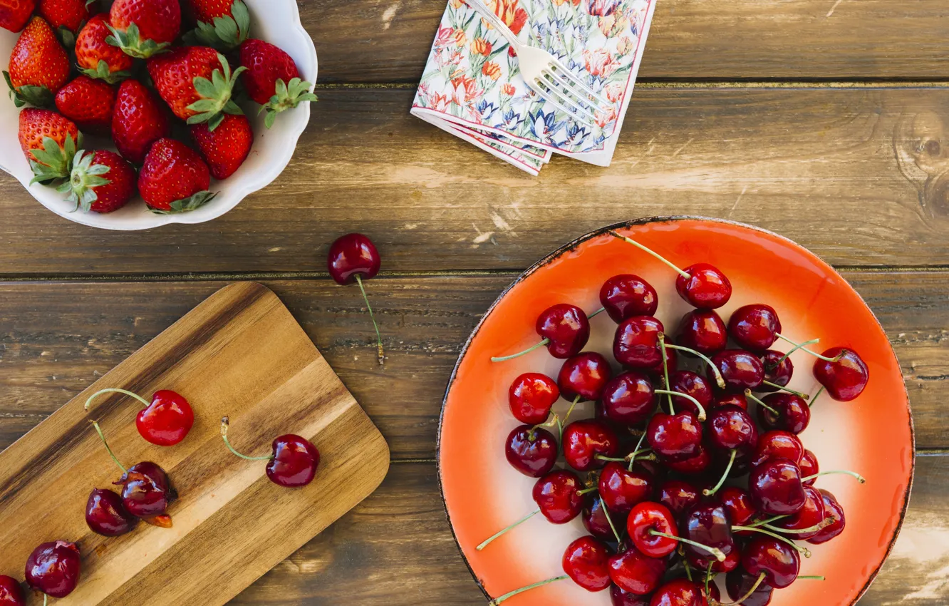 Photo wallpaper cherry, berries, strawberry, wood, fruits