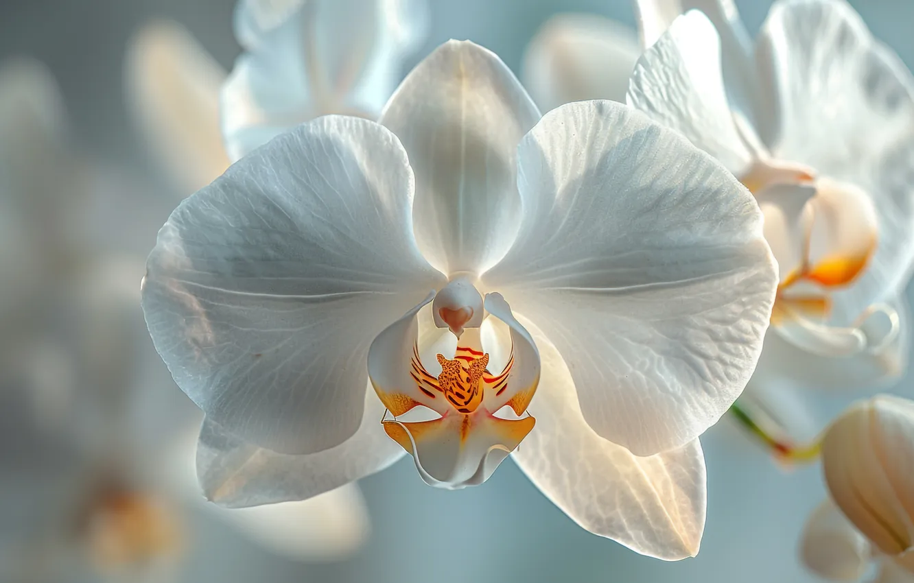Photo wallpaper white, macro, light, flowers, petals, white, Orchid, AI art