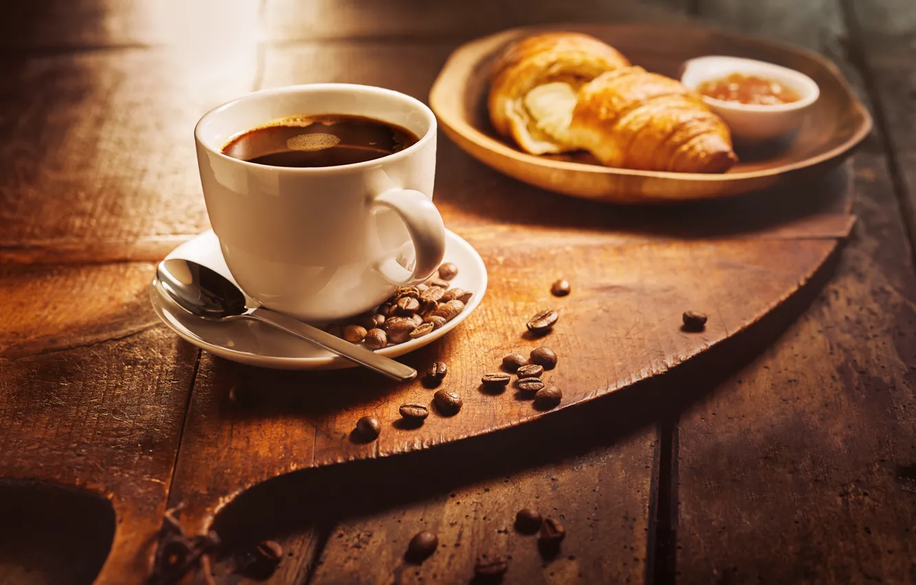 Photo wallpaper Coffee, Coffee beans, Croissant