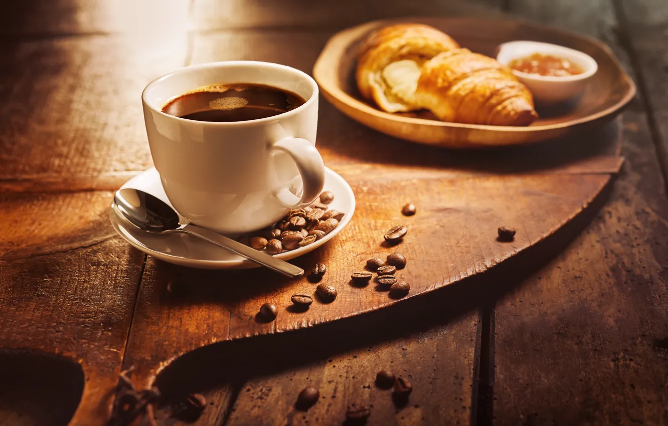 Photo wallpaper coffee, coffee beans, croissant