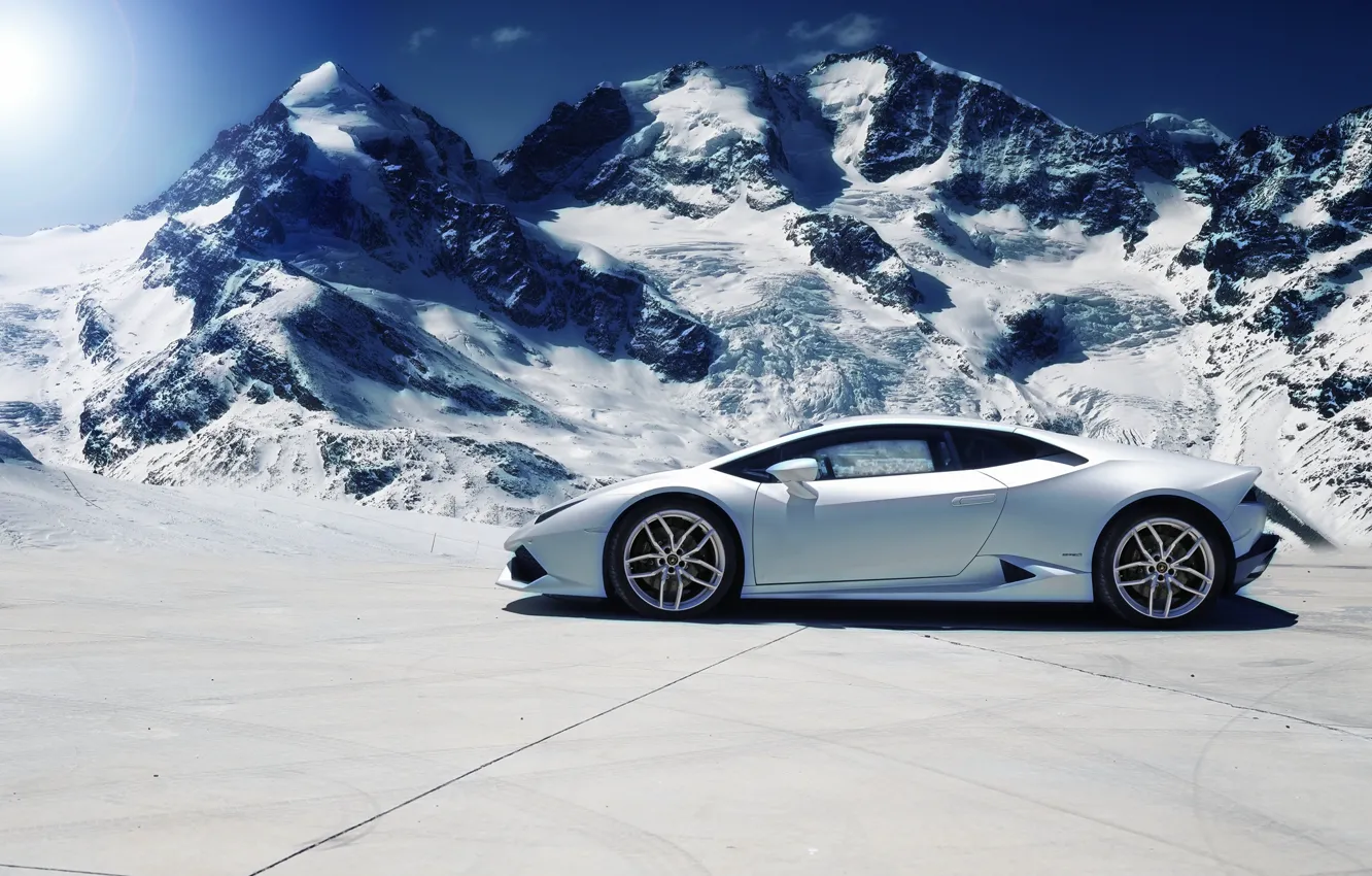 Photo wallpaper Lamborghini, Snow, White, Side, Mountains, Supercar, Huracan, LP610-4