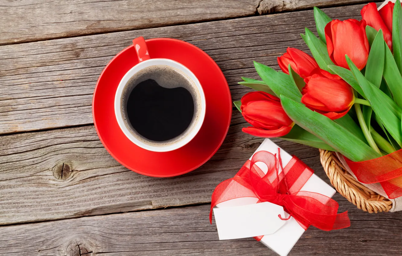 Photo wallpaper love, flowers, gift, coffee, bouquet, Cup, tulips, red