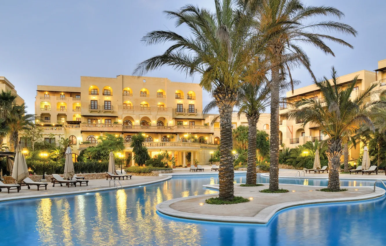 Photo wallpaper palm trees, pool, the hotel, Malta, Valletta, Kempinski Hotel San Lawrenz