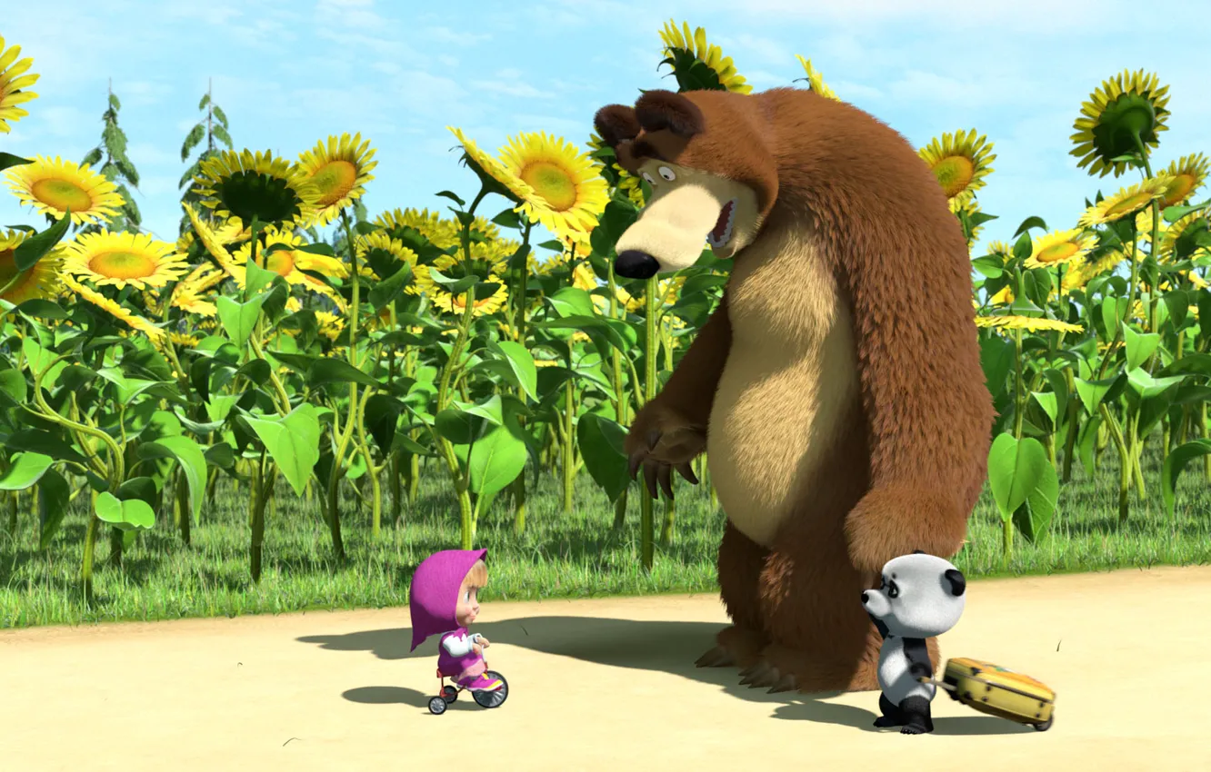 Photo wallpaper sunflowers, bike, bear, Panda, Masha, Masha and the bear, The animated series