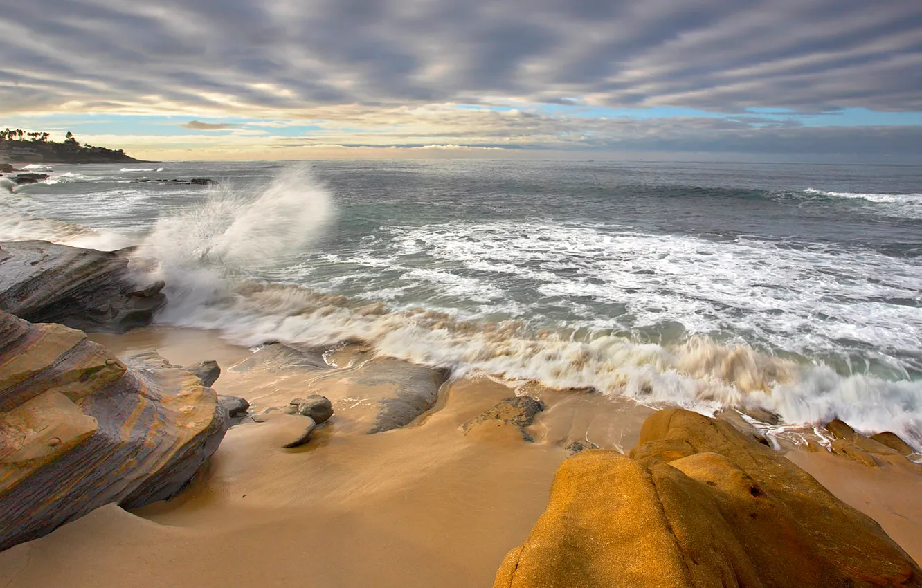 Photo wallpaper sea, wave, the sky, clouds, storm, rocks
