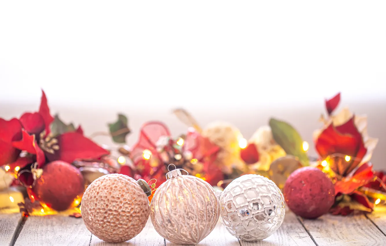 Photo wallpaper balls, light, flowers, red, Board, new year, Christmas, garland