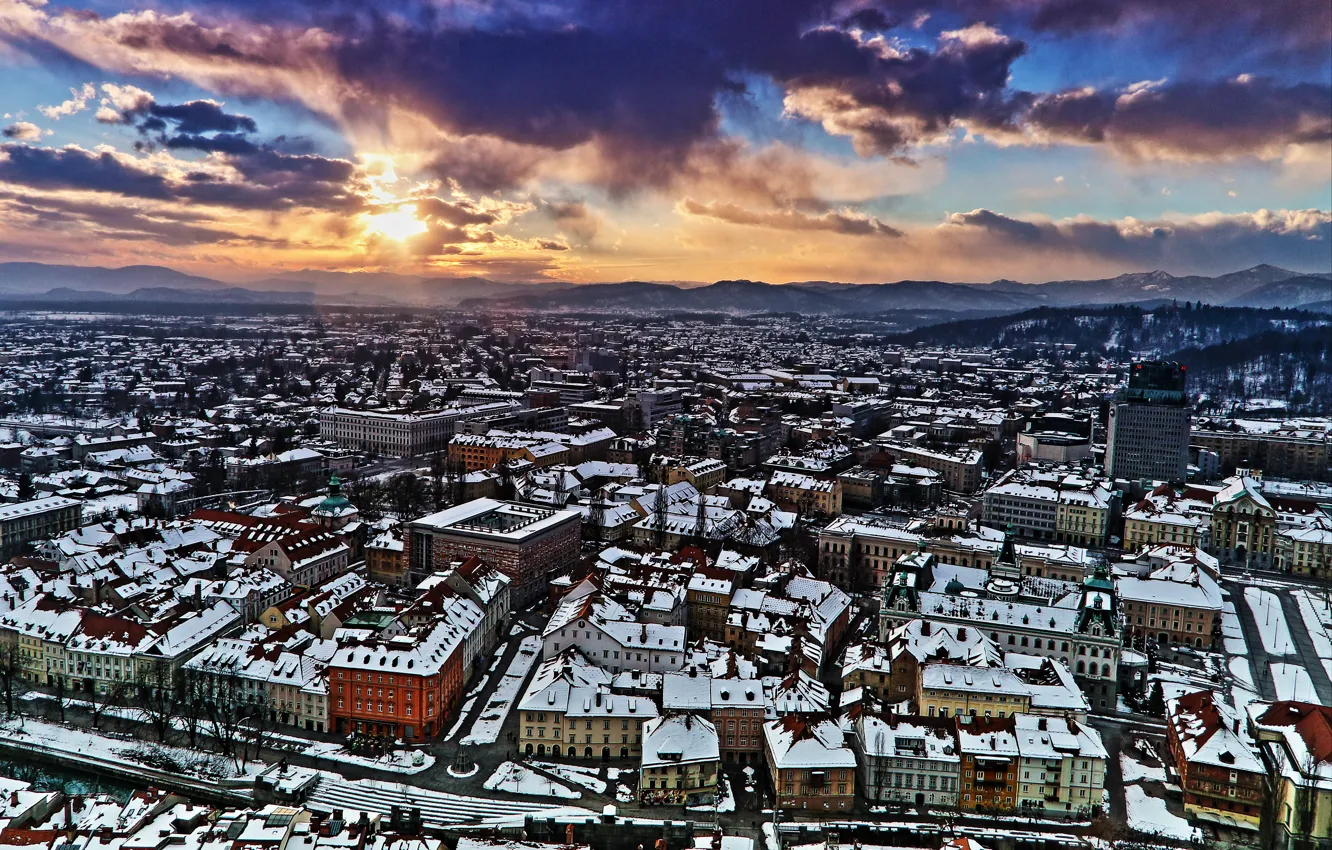 Photo wallpaper winter, roof, the sky, clouds, snow, sunset, the city, panorama