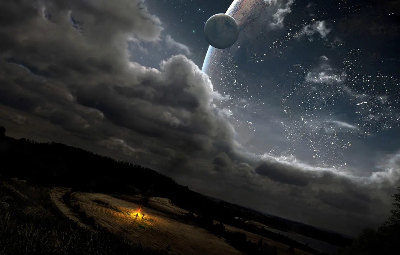 Photo wallpaper trees, clouds, people, planet, the fire