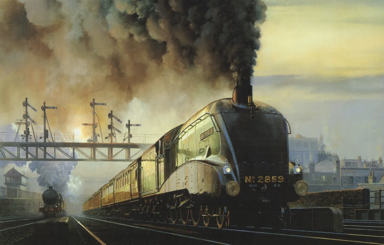 Photo wallpaper the sky, smoke, rails, train, station, locomotive