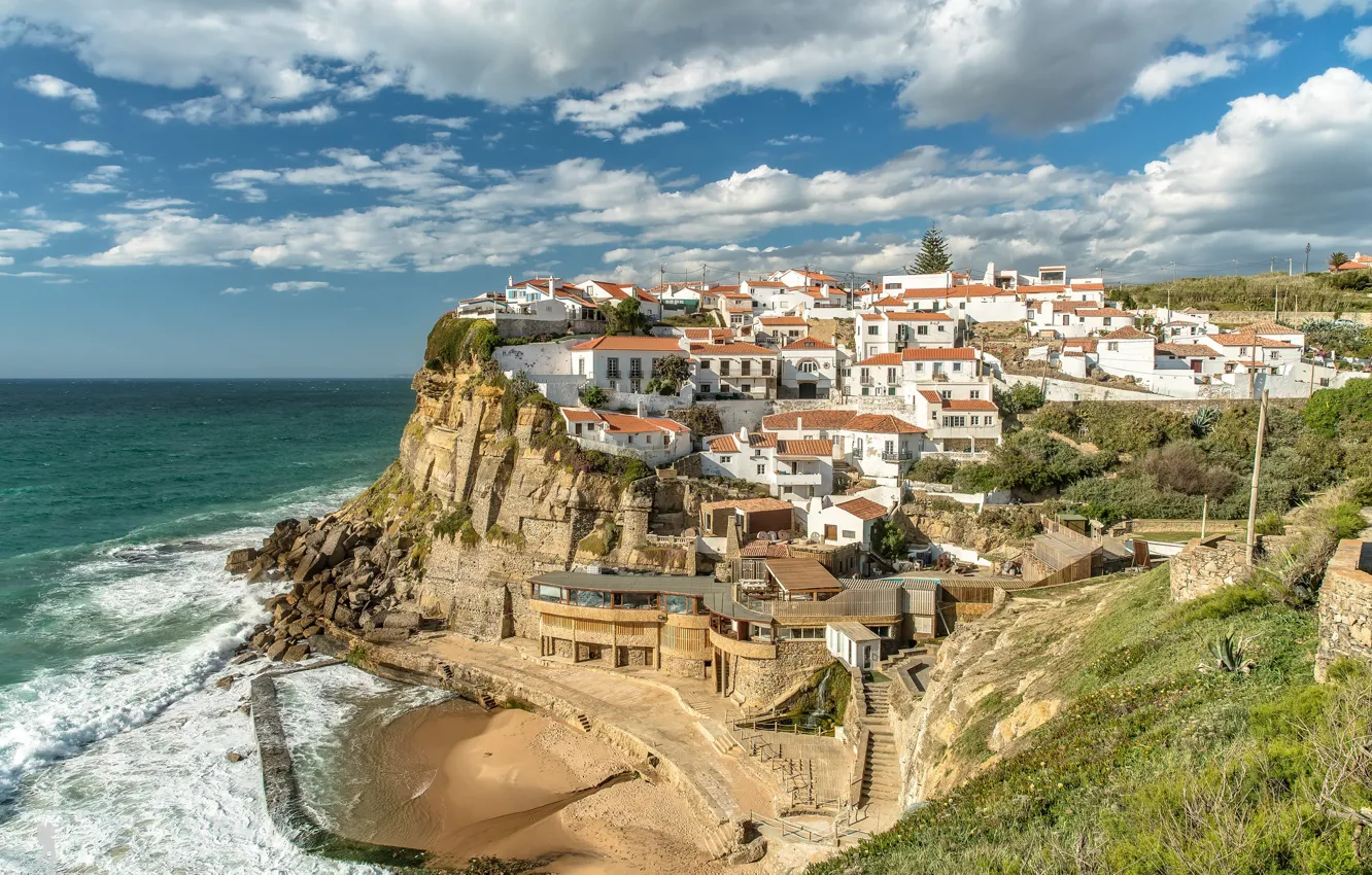 Photo wallpaper clouds, the ocean, home, panorama, Portugal