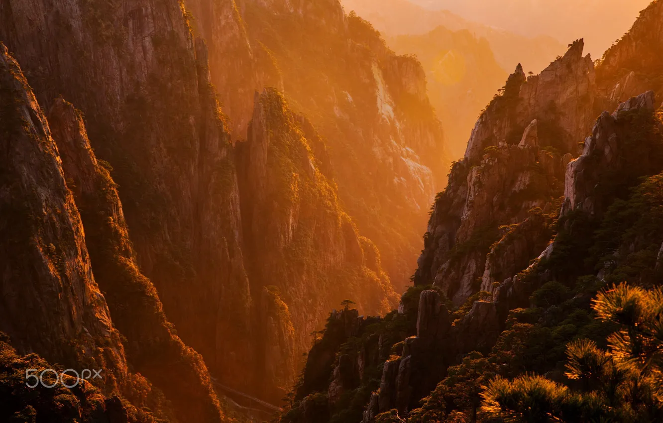 Photo wallpaper light, mountains, nature, heat, rocks