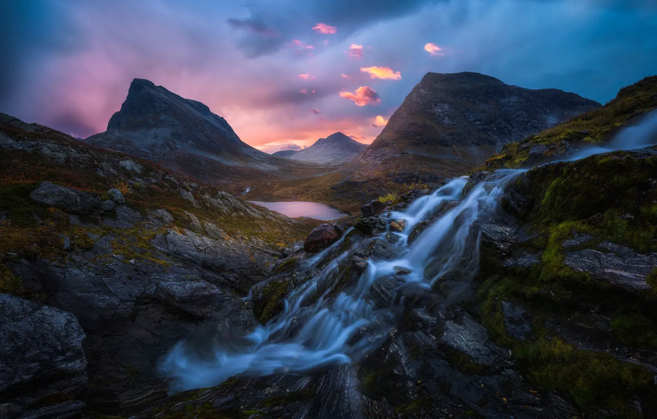 Photo wallpaper mountains, lake, waterfall, Norway, cascade, Norway, Romsdalen