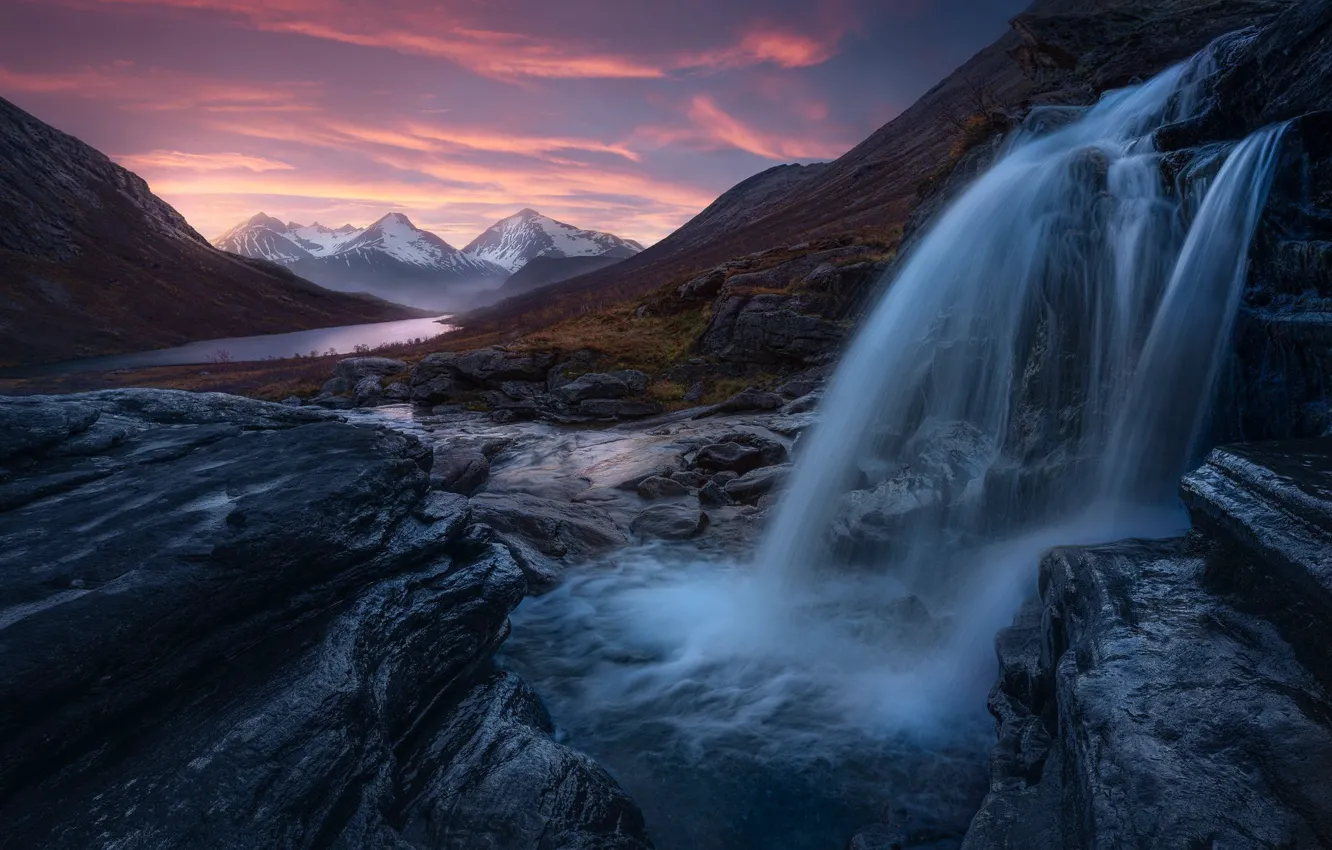 Photo wallpaper sunset, mountains, river, stones, waterfall, Norway, cascade, Norway