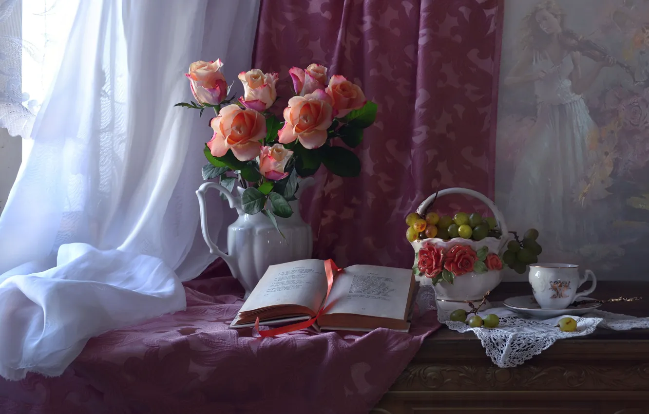 Photo wallpaper rose, bouquet, grapes, Cup, book