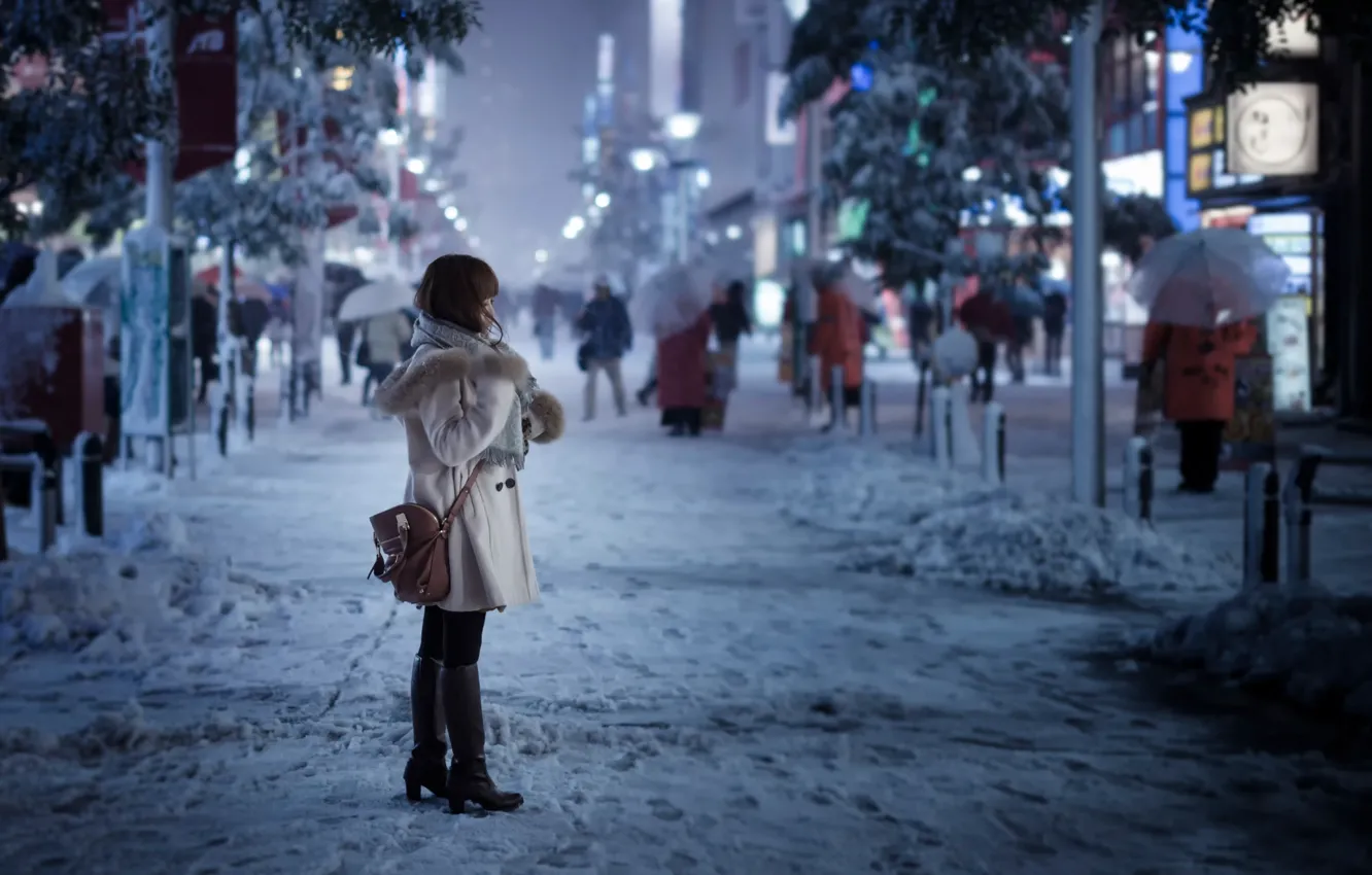 Photo wallpaper girl, snow, the city, street, Tokyo, Snowy day