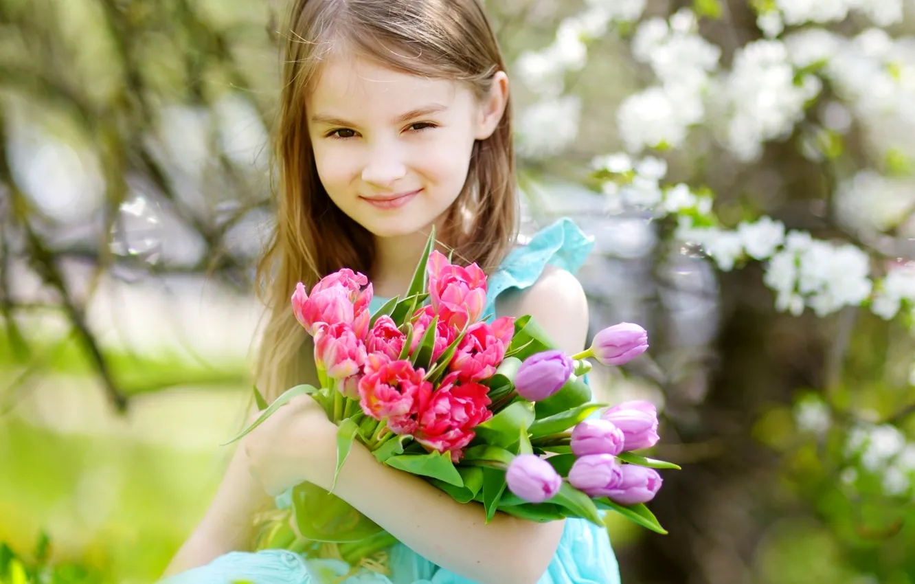 Photo wallpaper child, spring, girl, tulips, girls, Little, Tulips