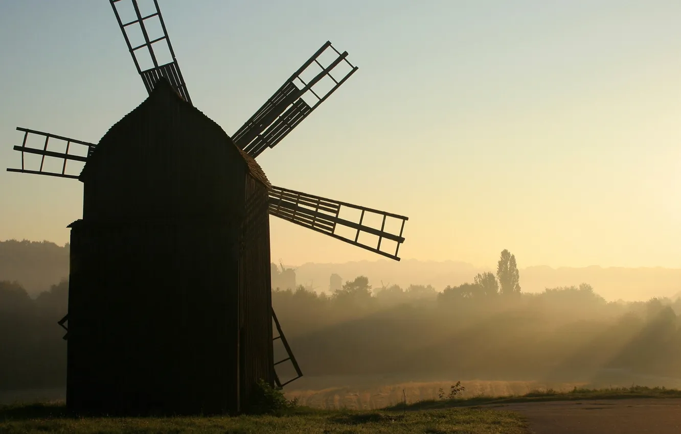Photo wallpaper fog, hills, morning, windmill