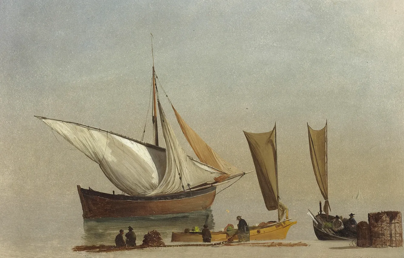 Photo wallpaper shore, picture, sail, seascape, Albert Bierstadt, Fishing Boats