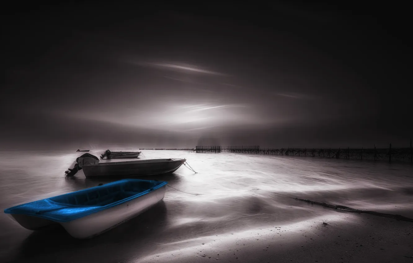 Photo wallpaper sea, landscape, night, boat