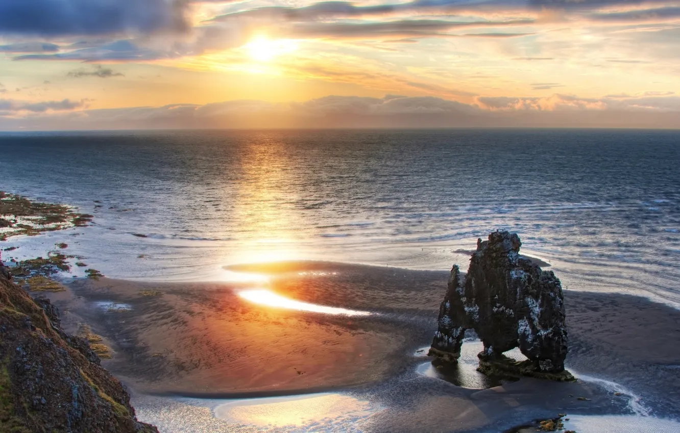 Photo wallpaper sea, sunset, rocks, dawn, cliff, Erosion