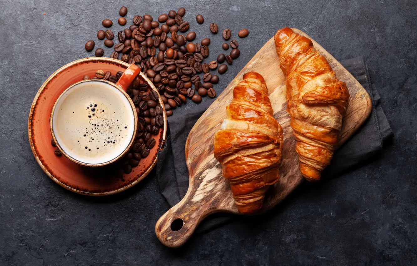 Photo wallpaper cup, coffee, croissant, a Cup of coffee, growing
