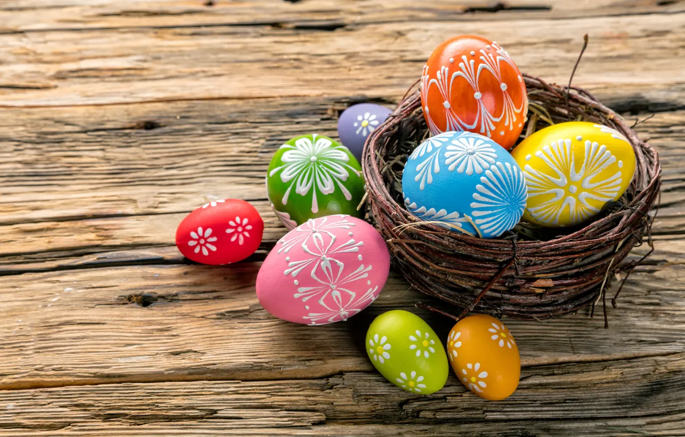 Photo wallpaper colorful, Easter, happy, basket, wood, spring, Easter, eggs