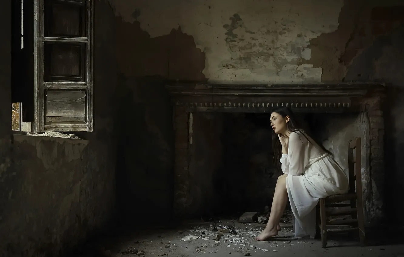 Photo wallpaper girl, window, fireplace