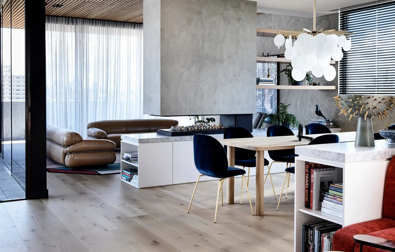 Photo wallpaper design, style, interior, fireplace, Melbourne, living room, Australia, dining room