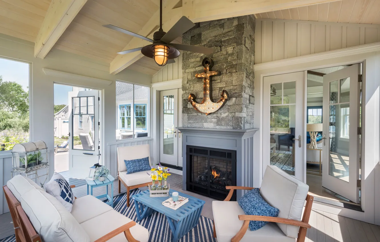 Photo wallpaper interior, fireplace, cottage, living room