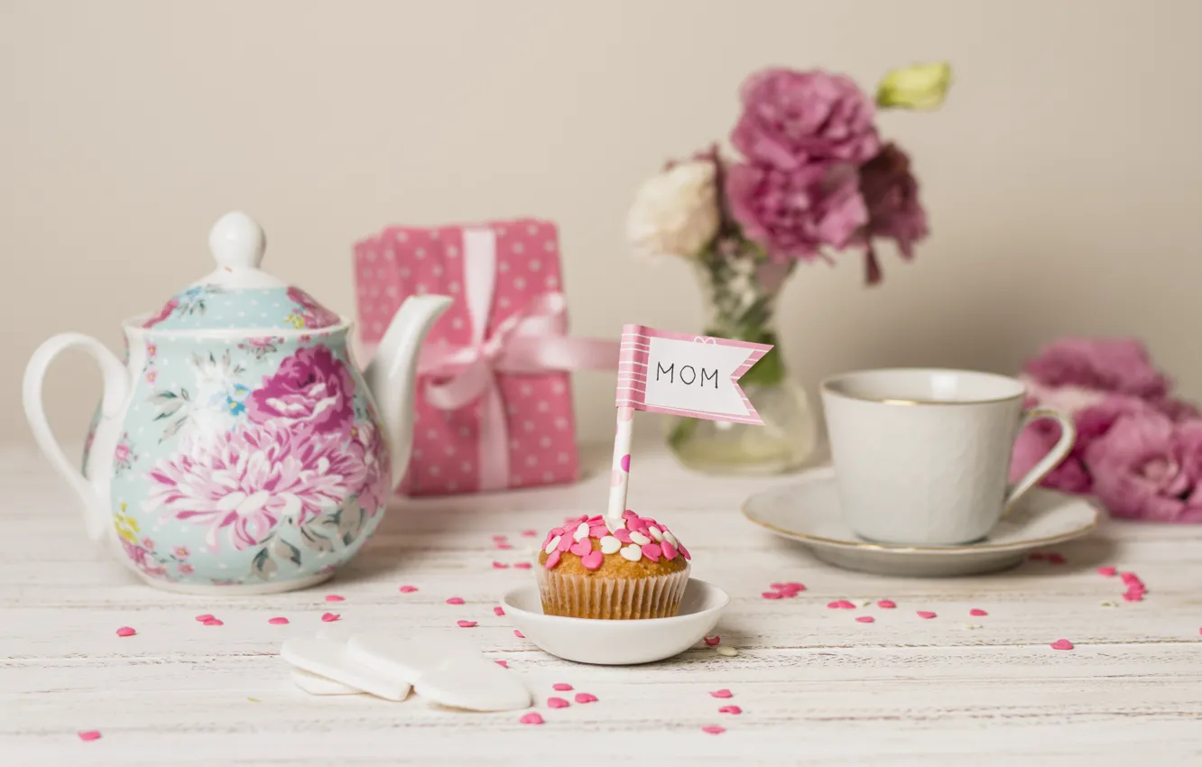 Photo wallpaper holiday, gift, tea, cupcakes, Mother's day