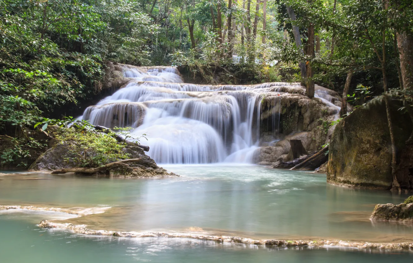 Photo wallpaper forest, landscape, river, rocks, waterfall, summer, forest, tropical