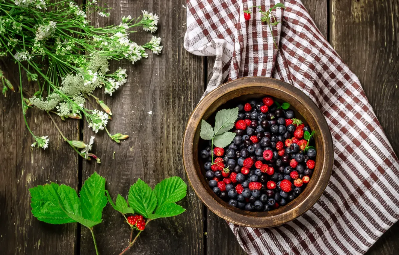 Photo wallpaper summer, flowers, berries, raspberry, bouquet, blueberries, strawberries, wood