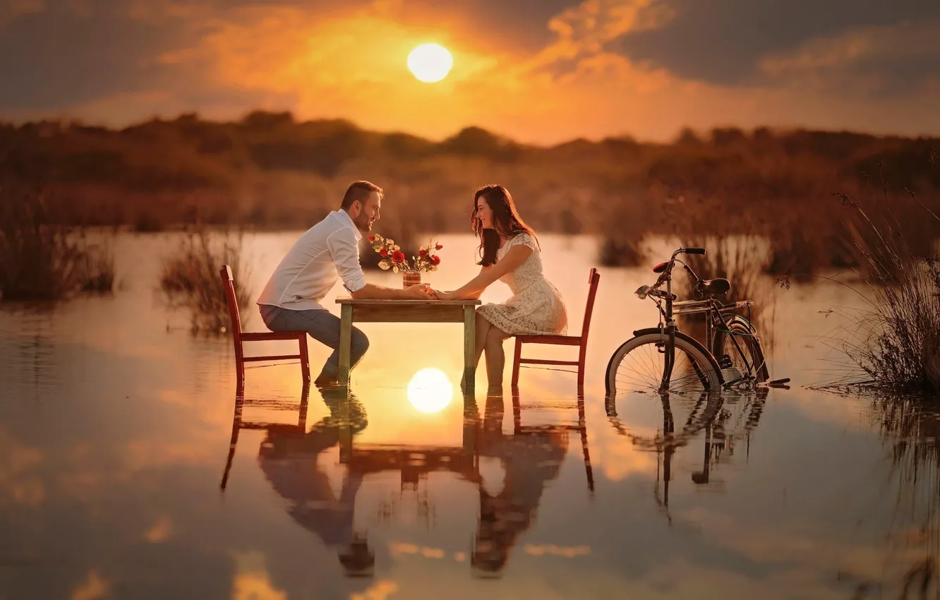 Photo wallpaper girl, sunset, flowers, bike, river, table, romance, guy