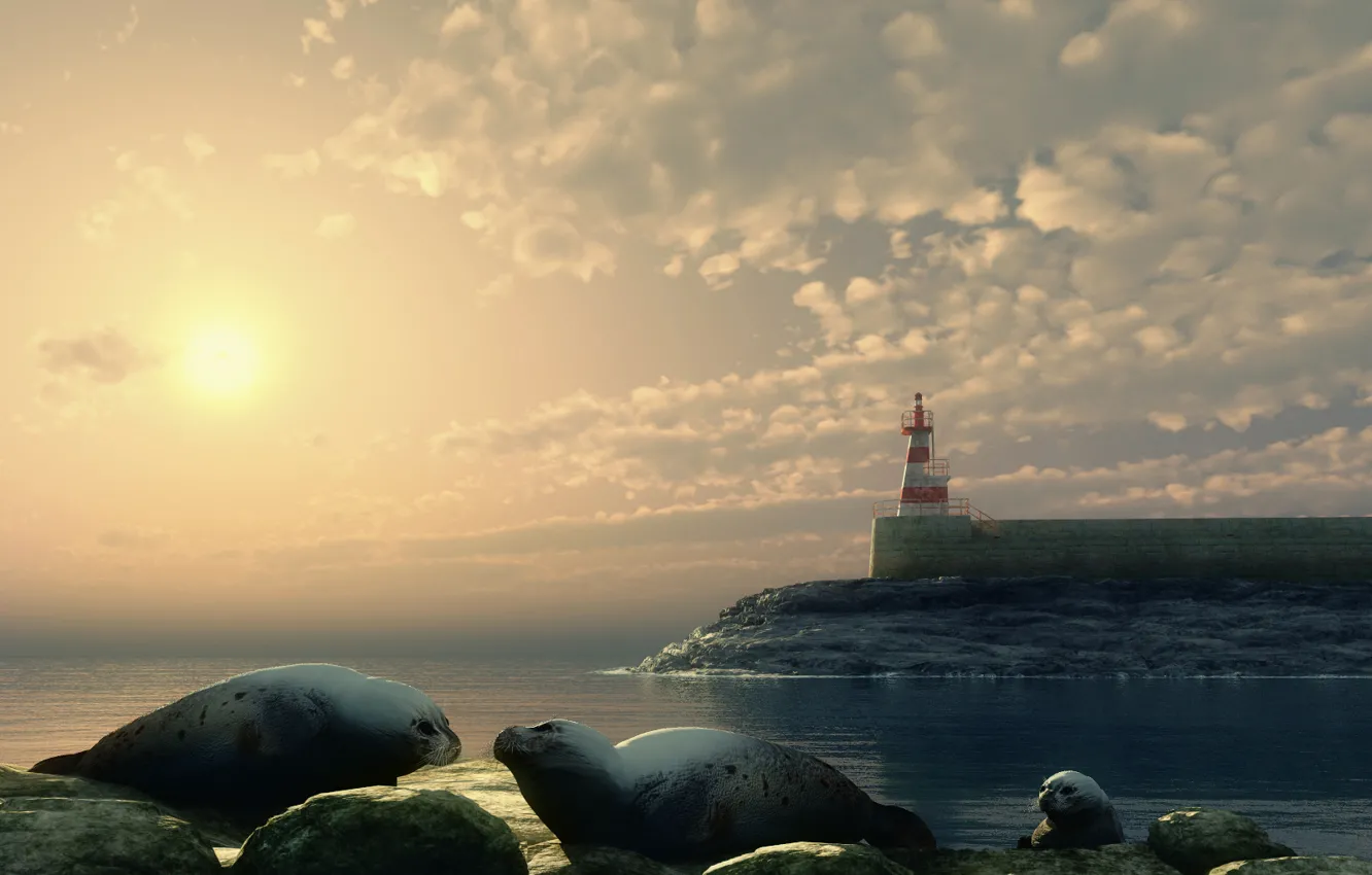 Photo wallpaper landscape, animal, lighthouse