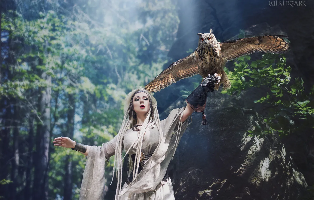 Photo wallpaper forest, girl, light, nature, pose, style, stones, rocks