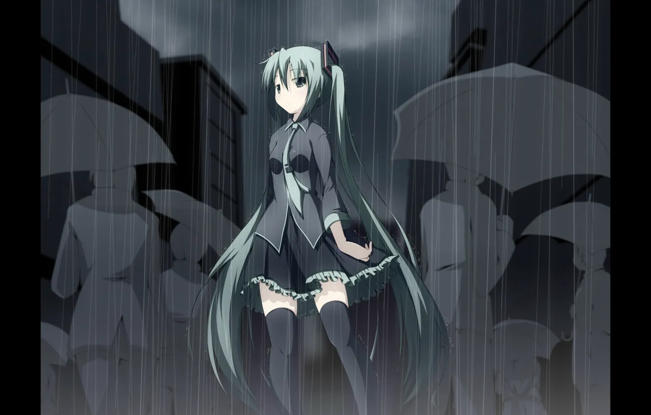 Photo wallpaper hopelessness, vocaloid, Hatsune Miku, the shower, gray city, loneliness in the crowd, cloudy sky