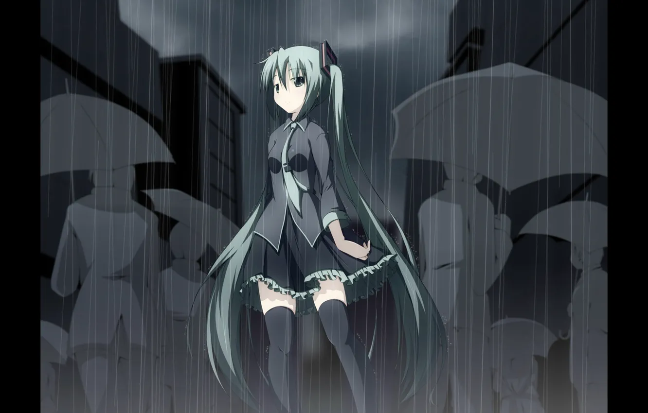 Photo wallpaper hopelessness, vocaloid, hatsune miku, the shower, gray city, loneliness in the crowd, cloudy sky