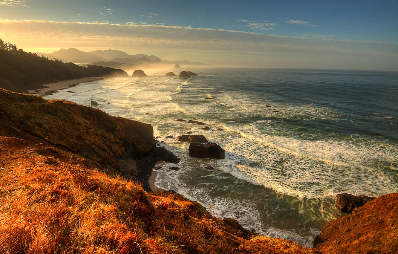 Photo wallpaper mountains, storm, the ocean, rocks, coast