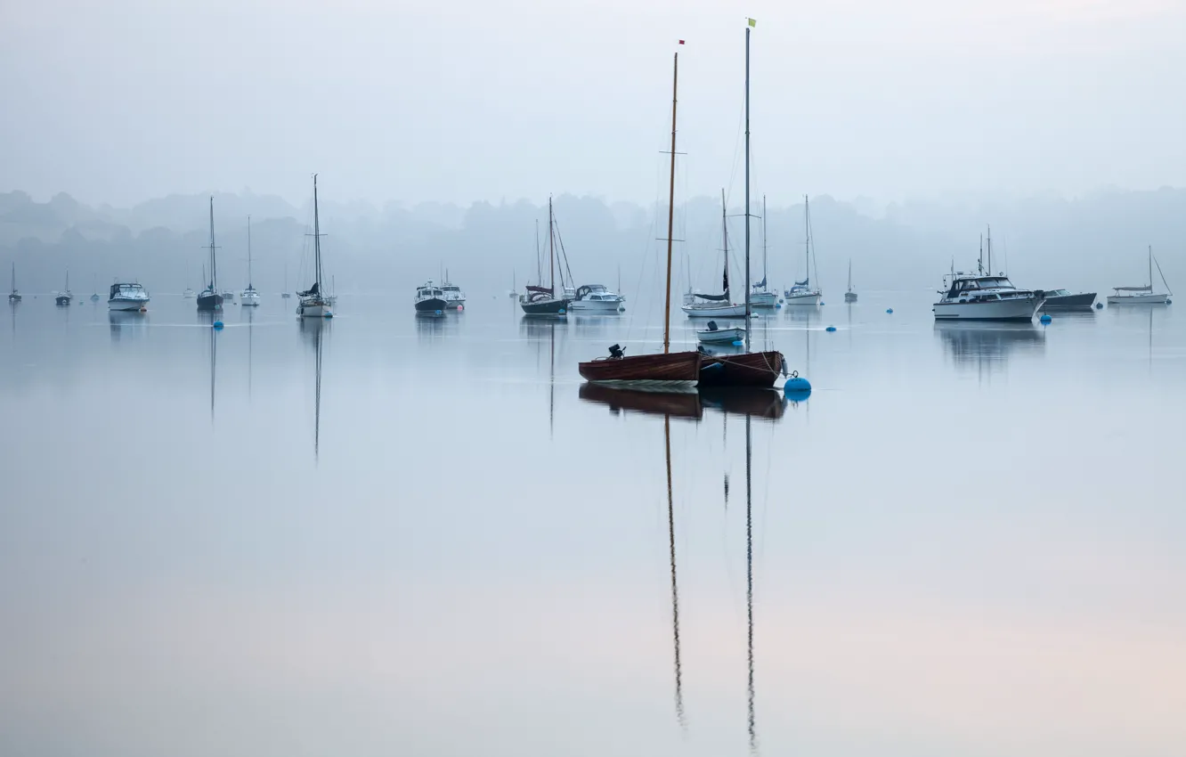 Photo wallpaper fog, lake, silence, boats, morning, peace