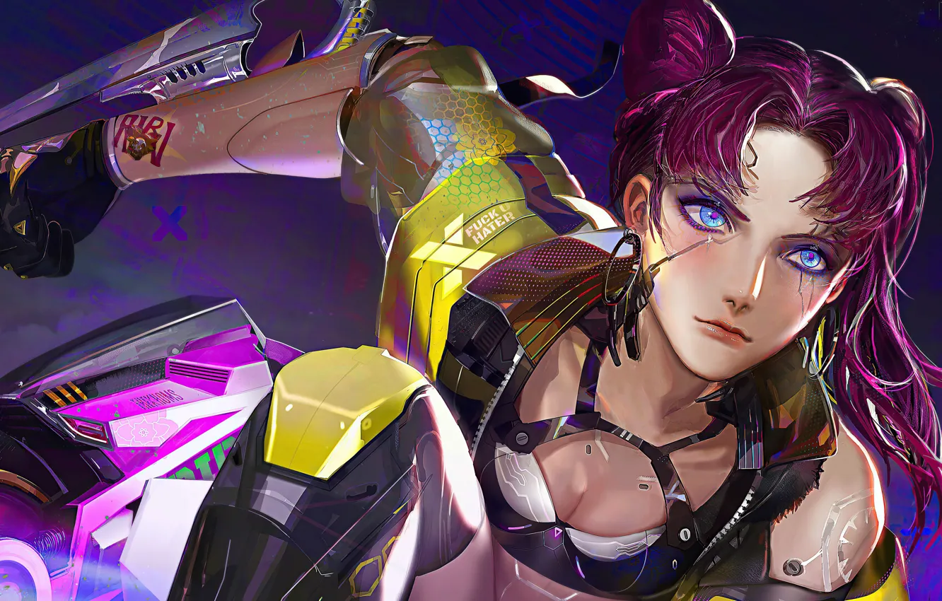 Photo wallpaper future, movement, the game, technology, earrings, game, cyborg, blue eyes