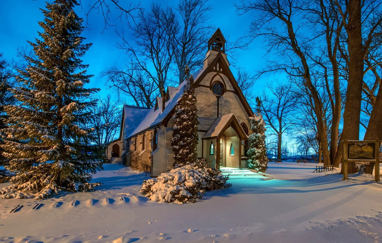 Photo wallpaper winter, snow, Church, chapel