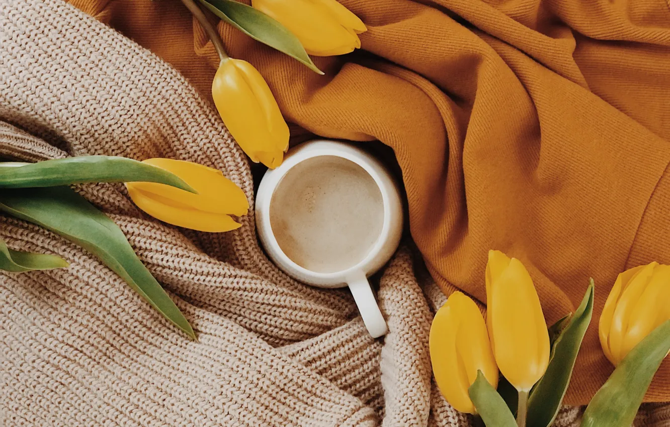 Photo wallpaper flowers, heat, coffee, Cup, tulips, fabric, a Cup of coffee