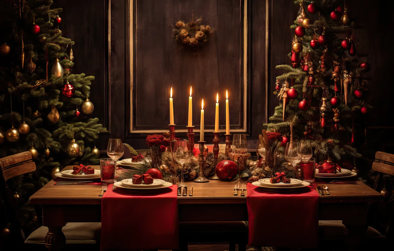 Photo wallpaper decoration, table, room, gift, tree, new year, interior, candles